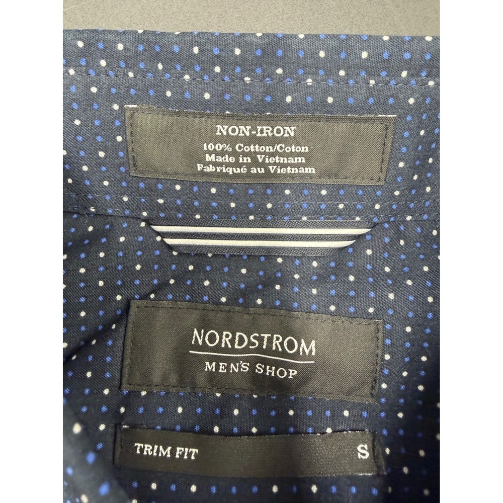 Nordstrom Mens Shop Navy Blue Polka Dot Non-Iron Trim Fit Button Down Shirt S - Picture 5 of 6